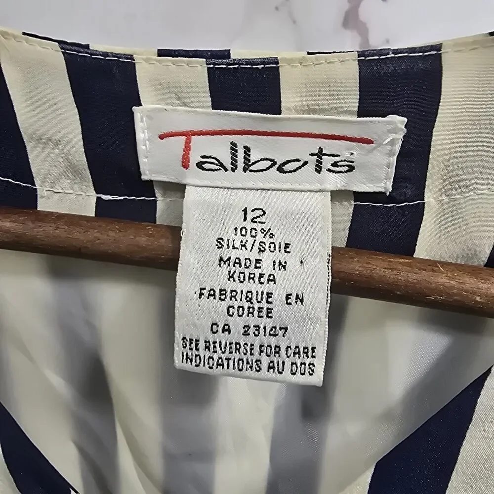 Vintage Silk Dress Womens Large 12 Navy Cream White Midi Maxi Striped Talbots - Picture 3 of 16